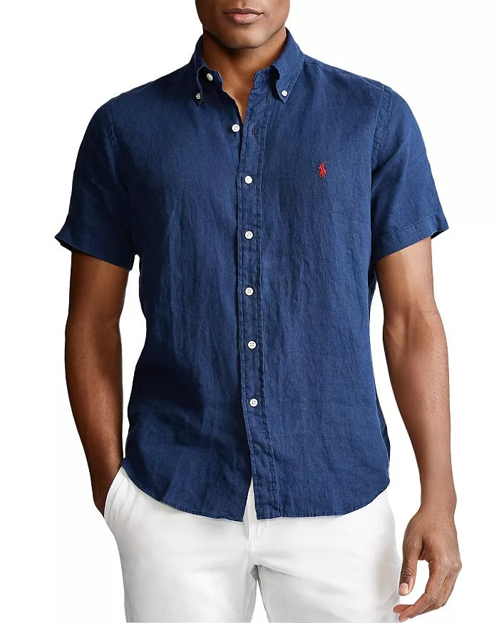 Polo Ralph Lauren Mens Classic Fit Short Sleeve Button Down Shirt Blue Medium