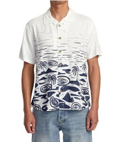 Rvca Mens Regular fit Short Sleeve Button-Up Shirt Small White Blue Linen