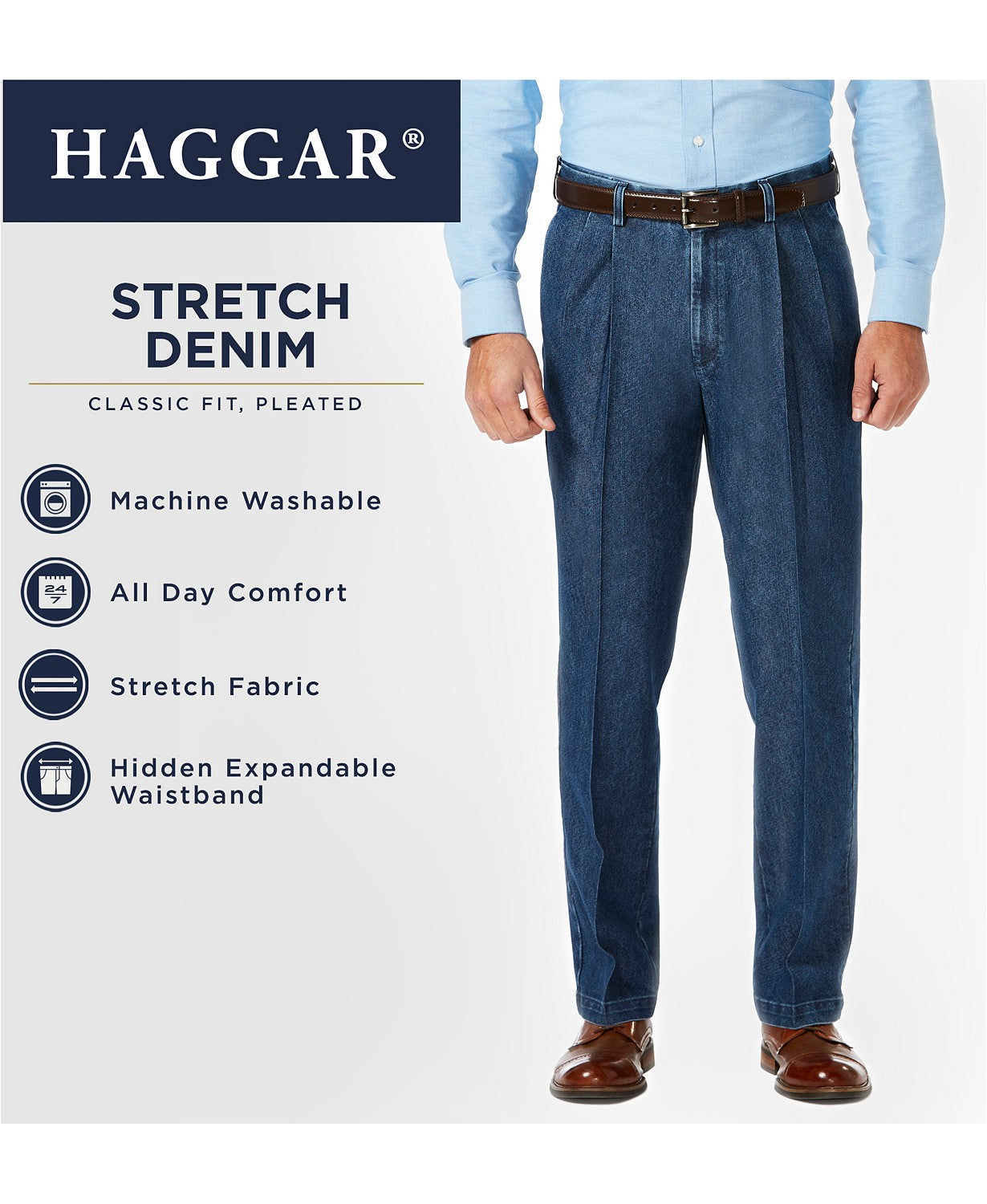 Haggar Men's Stretch Denim Flat Front Trouser Pants Classic Fit 40 x 30