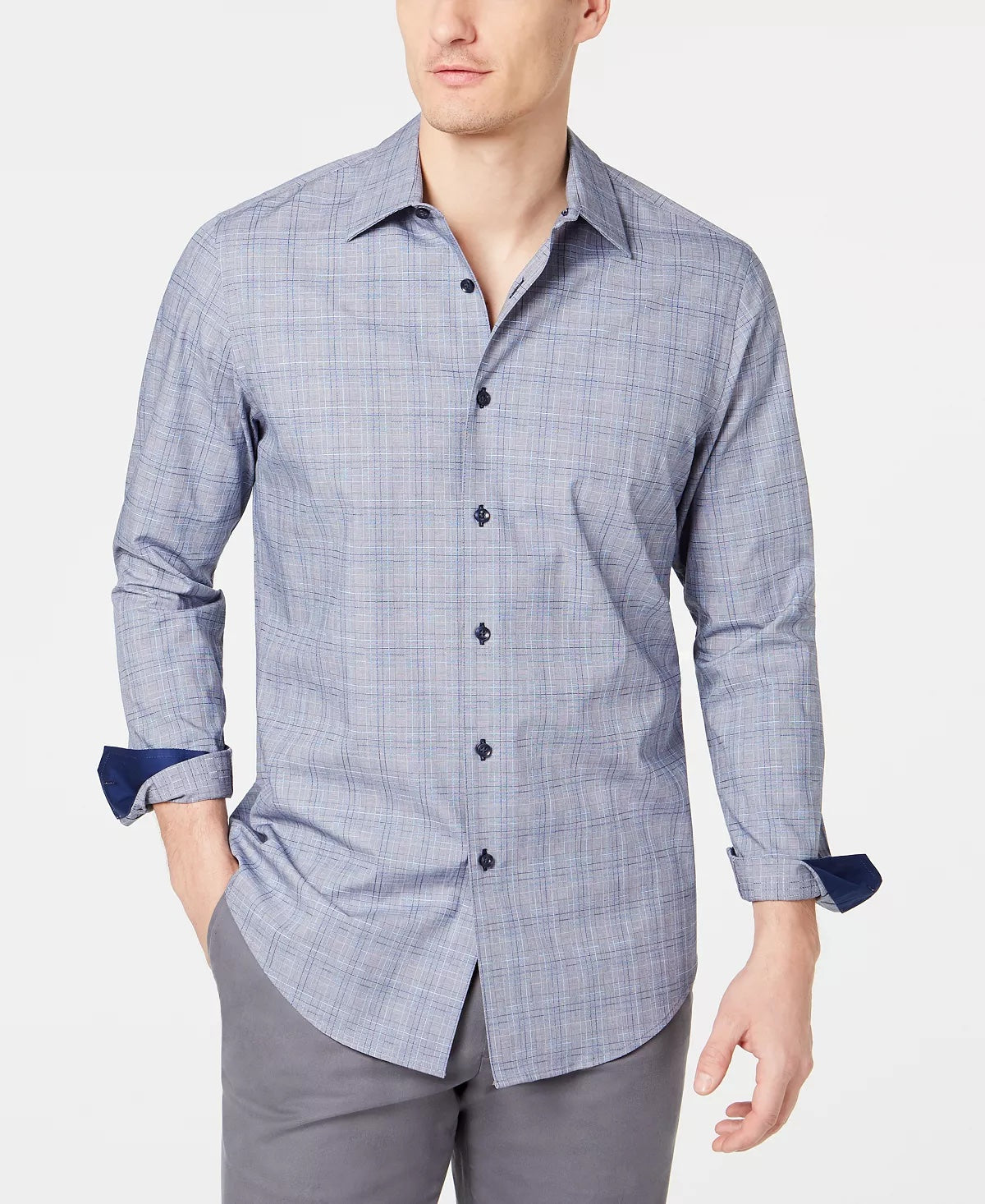 Tasso Elba Mens Dobby Plaid Button Down Shirt Blue Medium