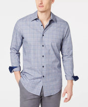 Tasso Elba Mens Dobby Plaid Button Down Shirt Blue Medium