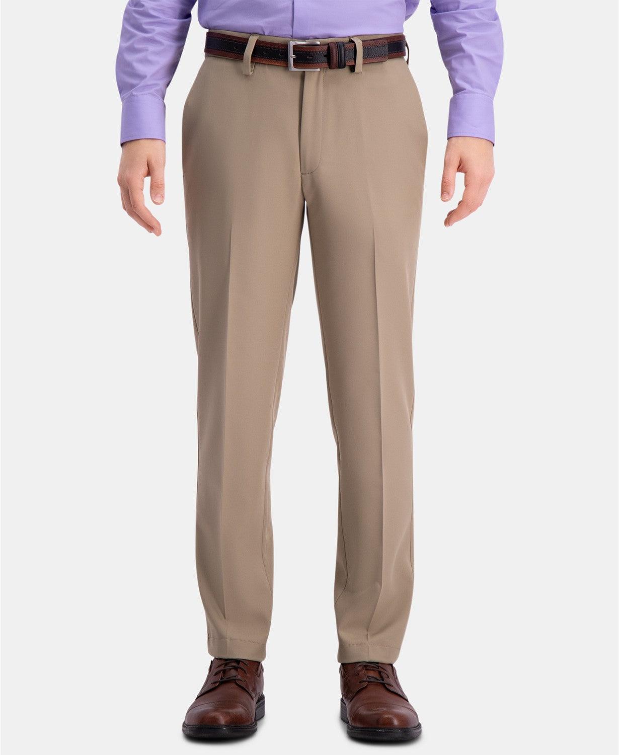 Haggar Mens Slim fit Dress Pants 34 / 32 Beige Solid Stretch