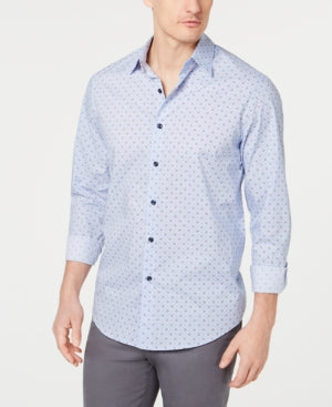Tasso Elba Mens Houndstooth Light Blue Button Down Shirt Medium