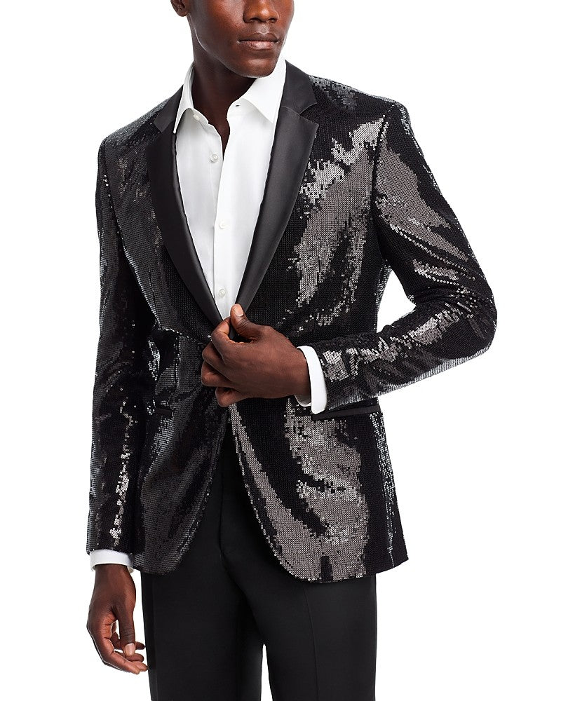 Hugo Boss Mens Slim fit Sequin Suit Jacket Blazer 46 R Black Solid Stretch