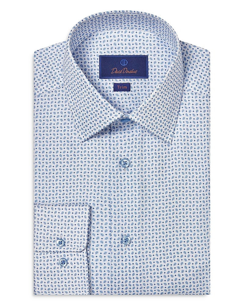 David Donahue Mens Trim fit Long Sleeve Button-Up Shirt Large White Paisley