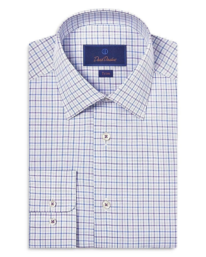 David Donahue Mens Trim Fit Poplin Check Button Up Dress Shirt Blue 15.5 32 33