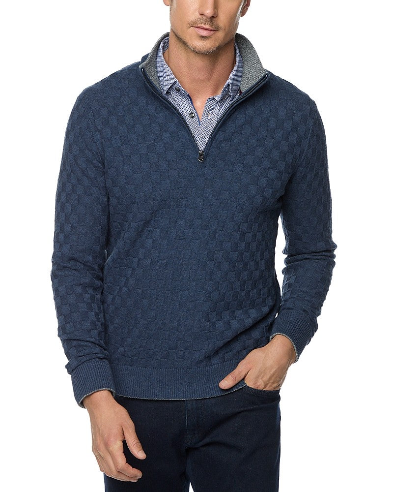 Robert Graham Gavino Cotton Check Quarter Zip Sweater Large Navy Blue