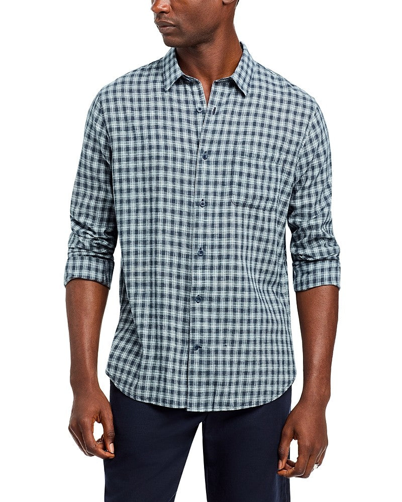 Vince Men's Summit Linen Plaid Long Sleeve Button Up Shirt Blue XL