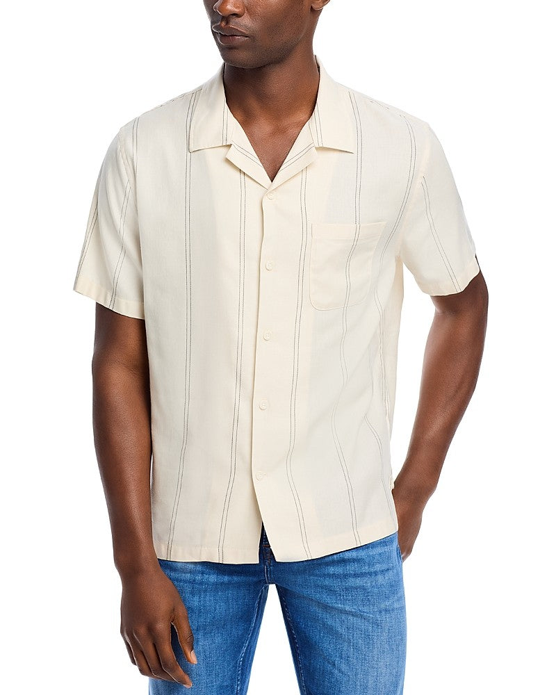 Vince Mens Regular fit Short Sleeve Button-Up Shirt Small Beige Striped