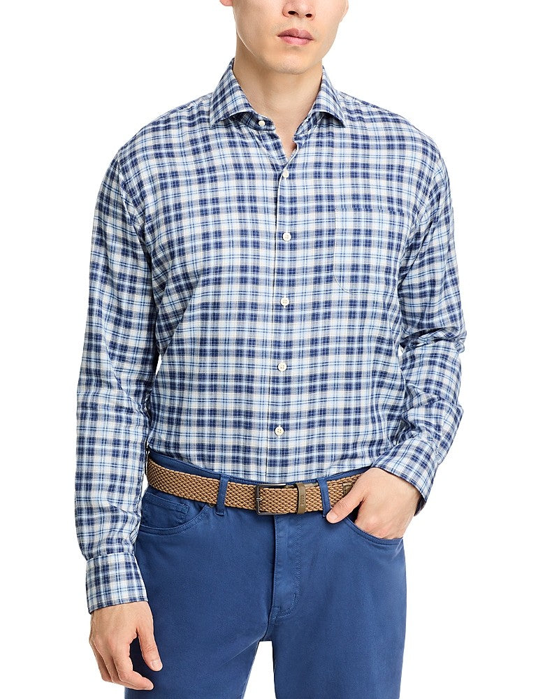Peter Millar Mens Regular fit Long Sleeve Button-Up Shirt Large Blue Plaid