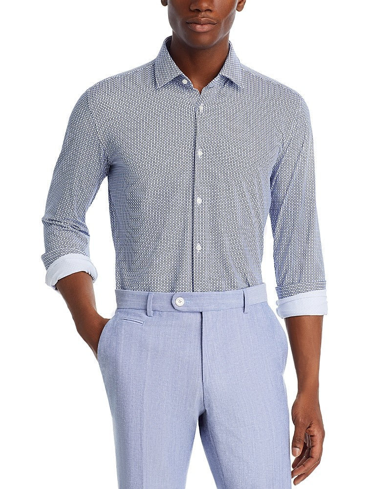 Hugo Boss Mens Kenno Slim Fit Long Sleeve Button Up Shirt 16R Blue Geometric