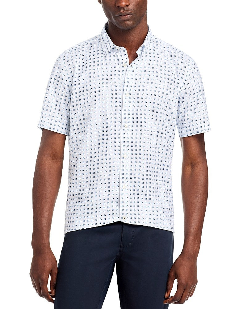 Hugo Boss Men Slim fit Short Sleeve Button-Up Shirt Small White Geometric
