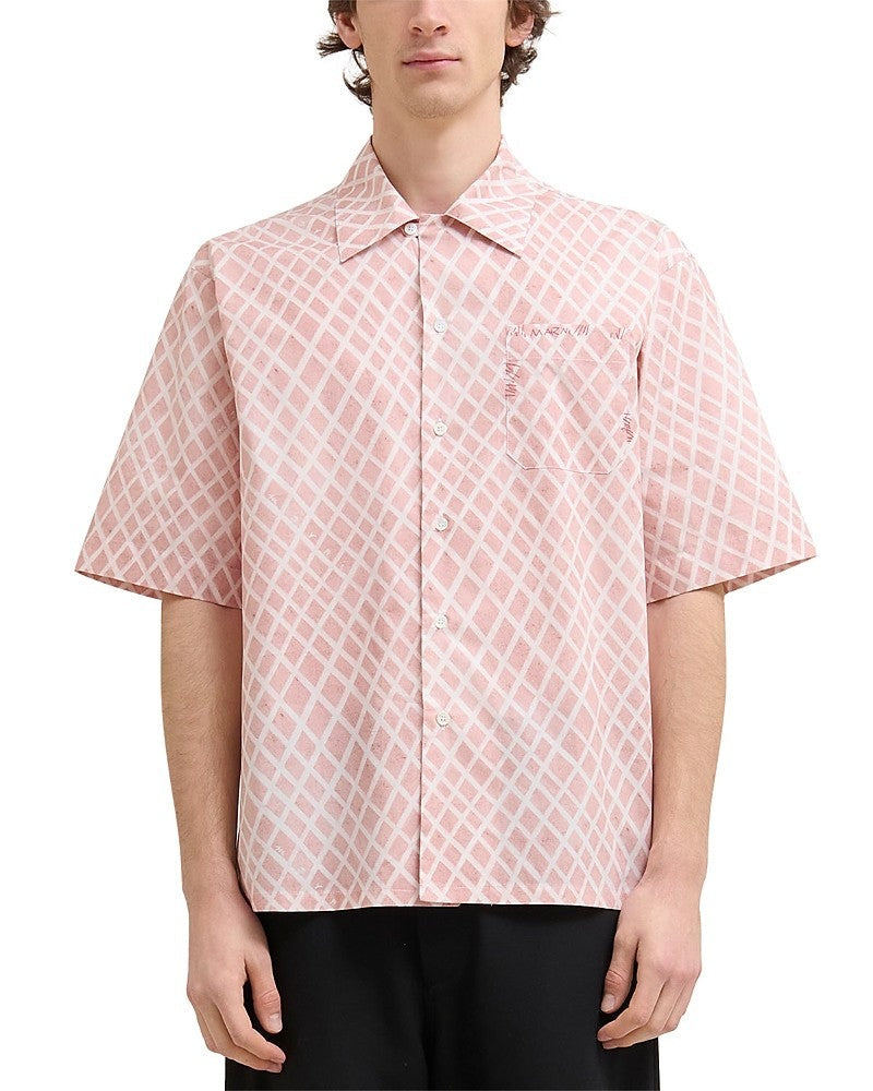 Marni Men Regular Fit Short Sleeve Button Up Shirt EU 46 US 36 Small Pink Argyle