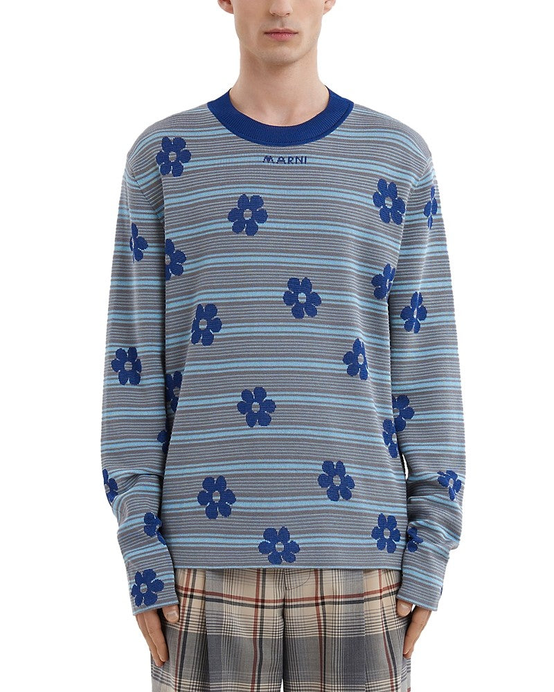 Marni Mens Regular fit Long Sleeve Crewneck Sweater Large Crew Neck Blue Floral