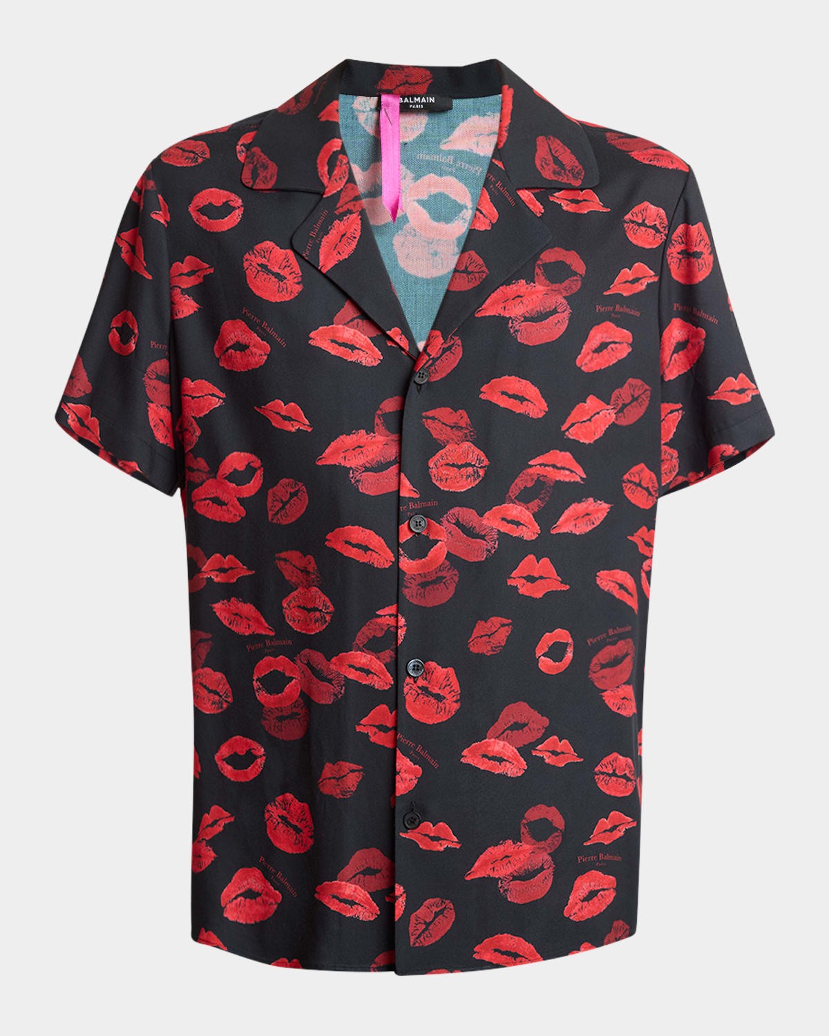 Balmain Mens Regular Fit Short Sleeve Button Up Kiss Shirt Black Eu 48 US 38