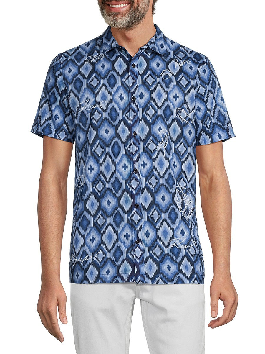 Karl Lagerfeld Paris Mens Regular fit Short Sleeve Button-Up Shirt XXL Blue