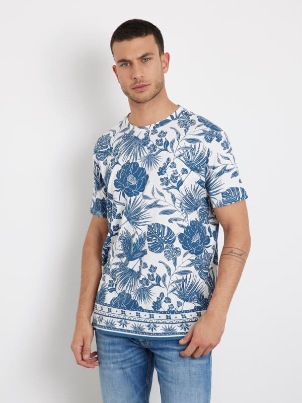 Guess Mens Short Sleeve T-Shirt Shirt Medium Blue White Floral