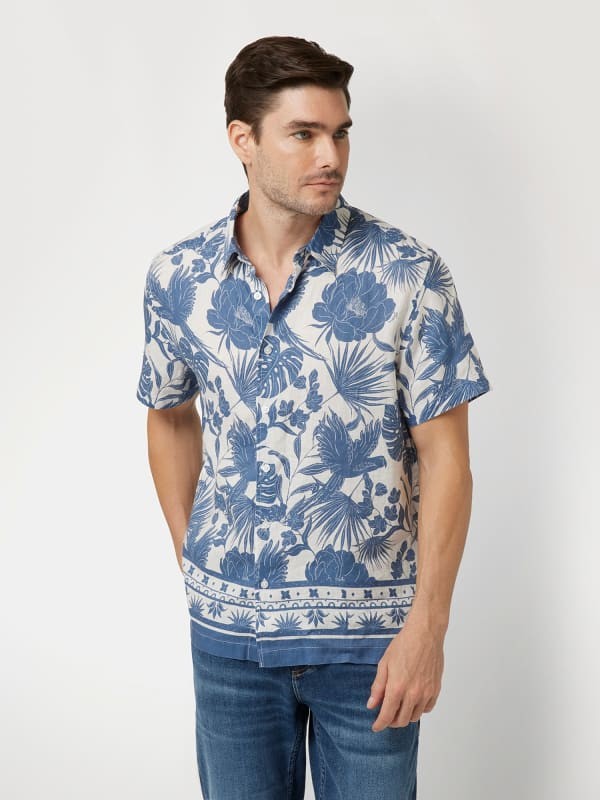 Guess Mens Regular fit Short Sleeve Button-Up Shirt XL Blue Floral