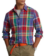Polo Ralph Lauren Mens Classic Fit Plaid Button Oxford Shirt Medium Red Blue