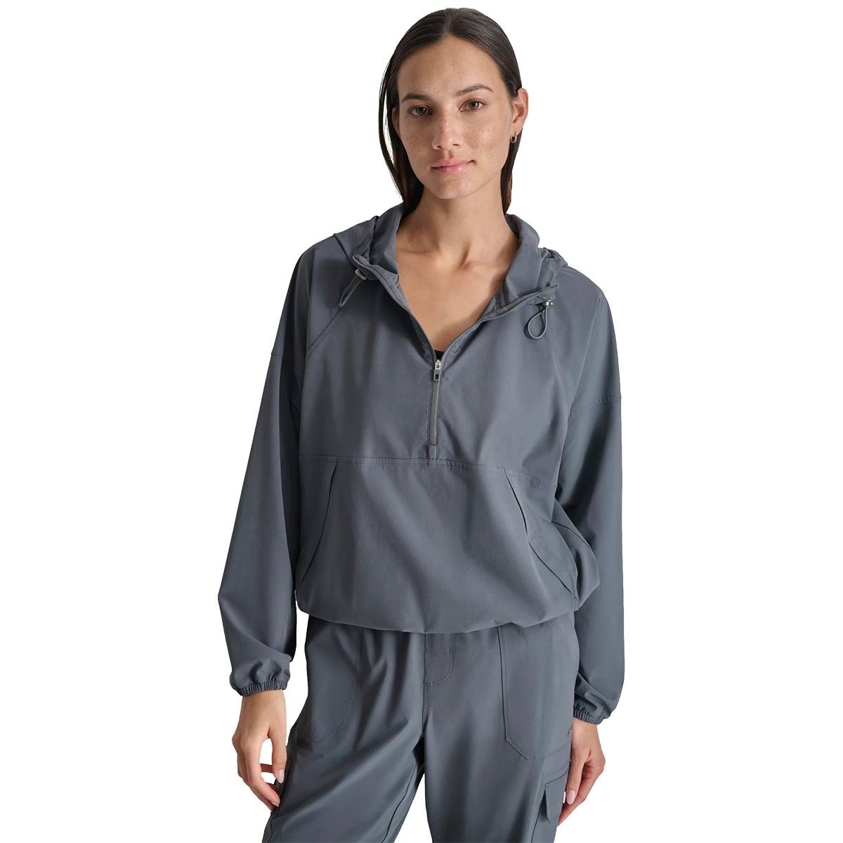 Dkny Sport Women's Ribbed Side & Front-Zip Hoodie Jacket Large Turbulence Grey