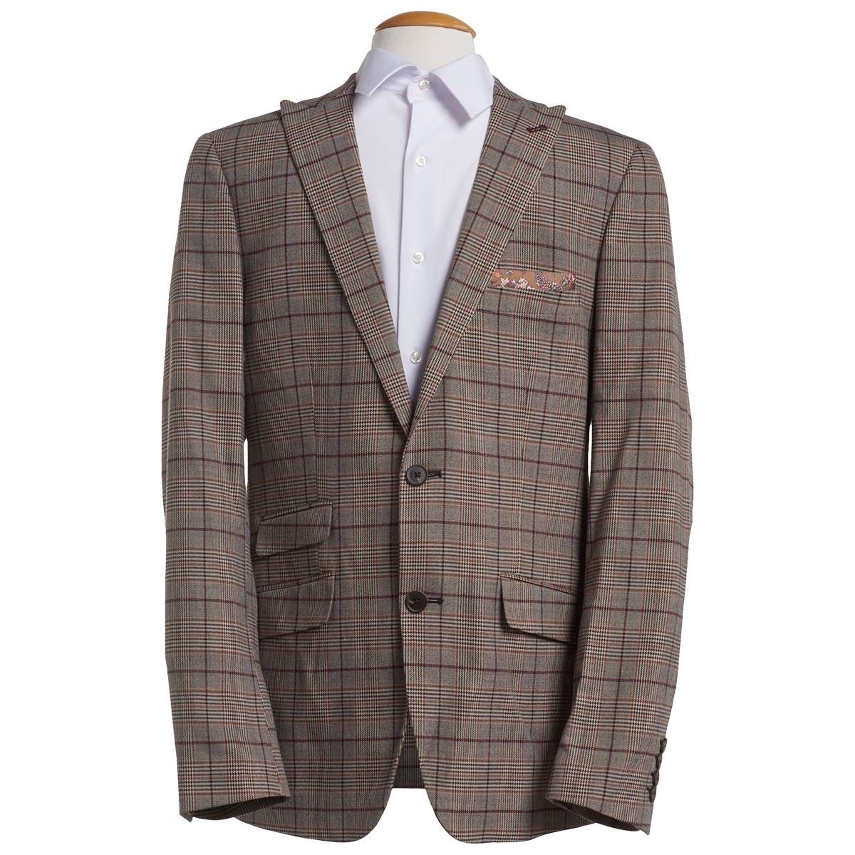 Paisley & Gray Mens Slim fit Sport Coat Blazer 38 R Beige Burgundy Plaid