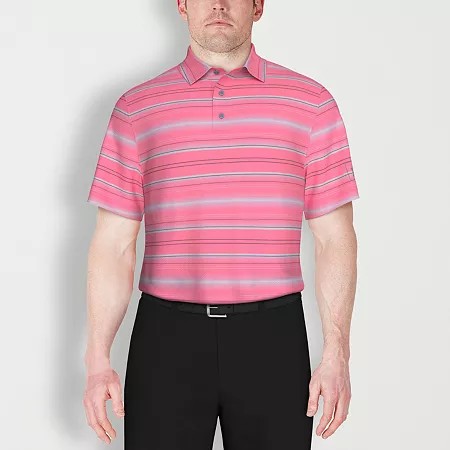PGA TOUR Mens Athletic fit Short Sleeve Polo Shirt Large Pink Striped Stretch