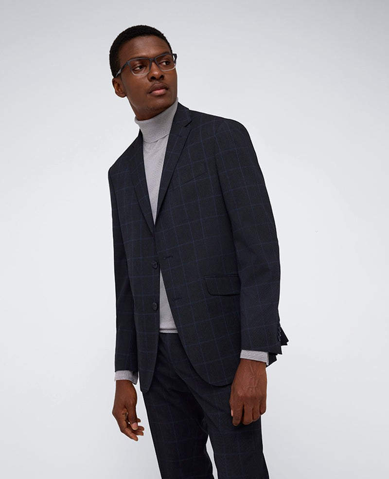 Kenneth Cole Mens Slim fit 2 Piece Suit 40 R / 33 Waist Dark Blue Plaid Stretch