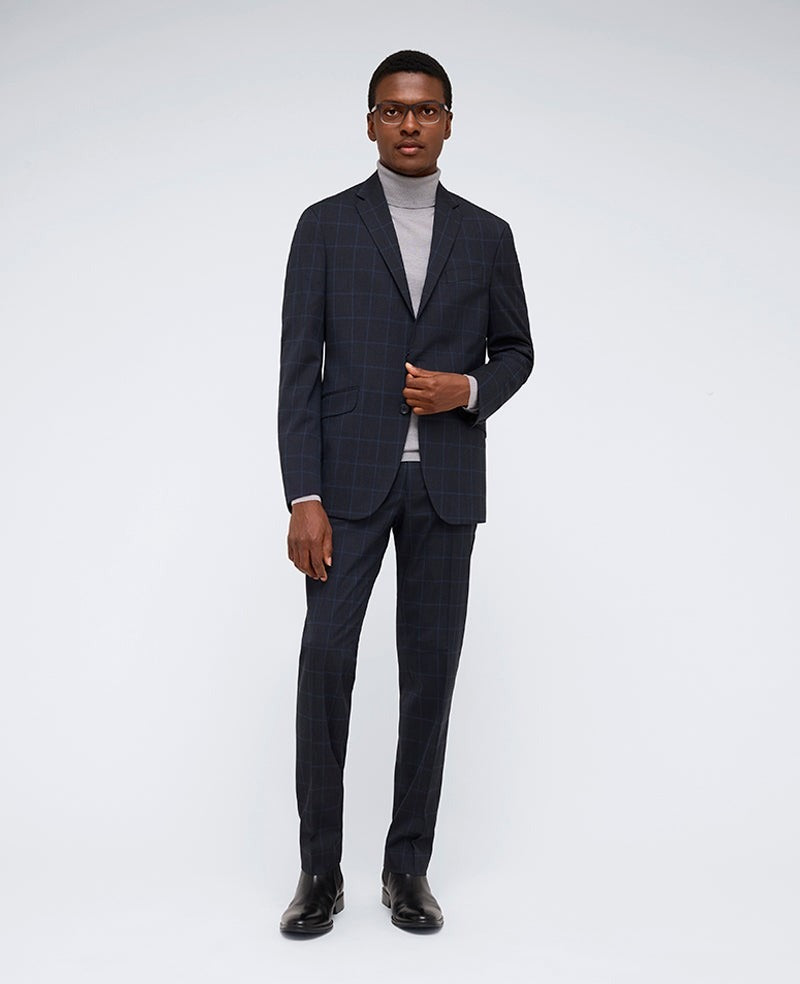 Kenneth Cole Mens Slim fit 2 Piece Suit 36 S / 29 Waist Navy Blue Plaid Stretch