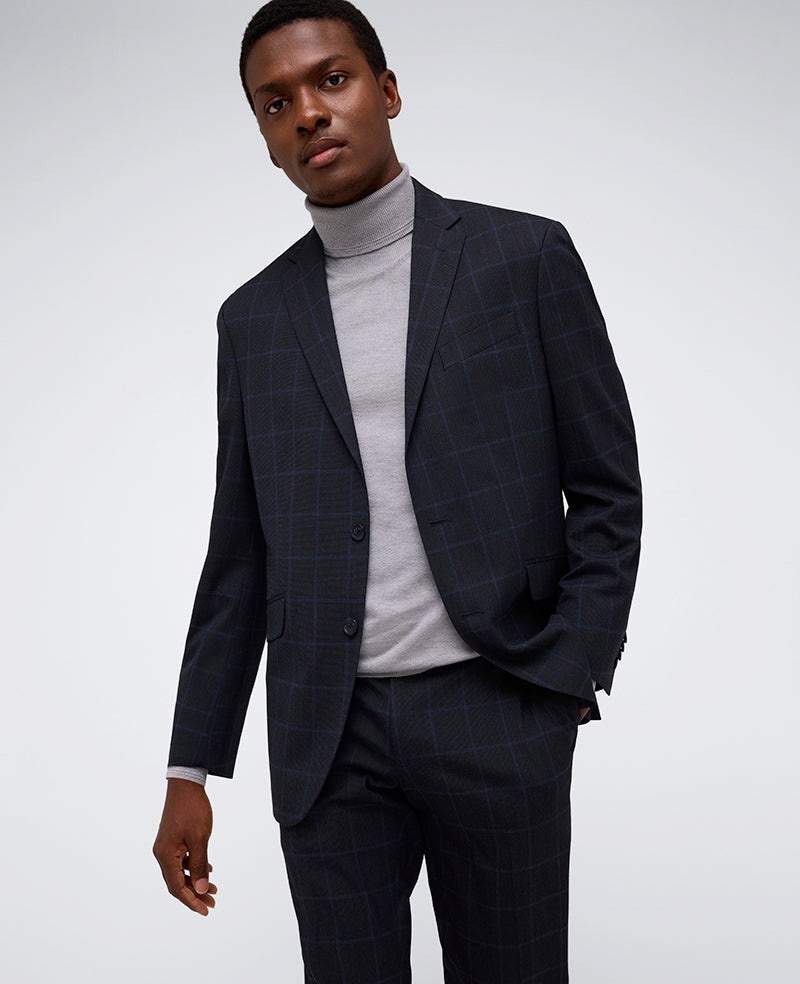 Kenneth Cole Mens Slim fit 2 Piece Suit 36 R / 29 Waist Dark Blue Plaid Stretch