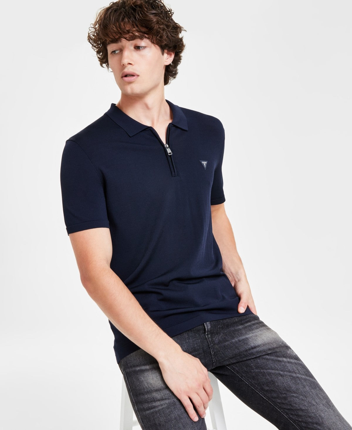 Guess Mens Regular fit Short Sleeve Quarter zip Shirt Small Navy Blue Solid