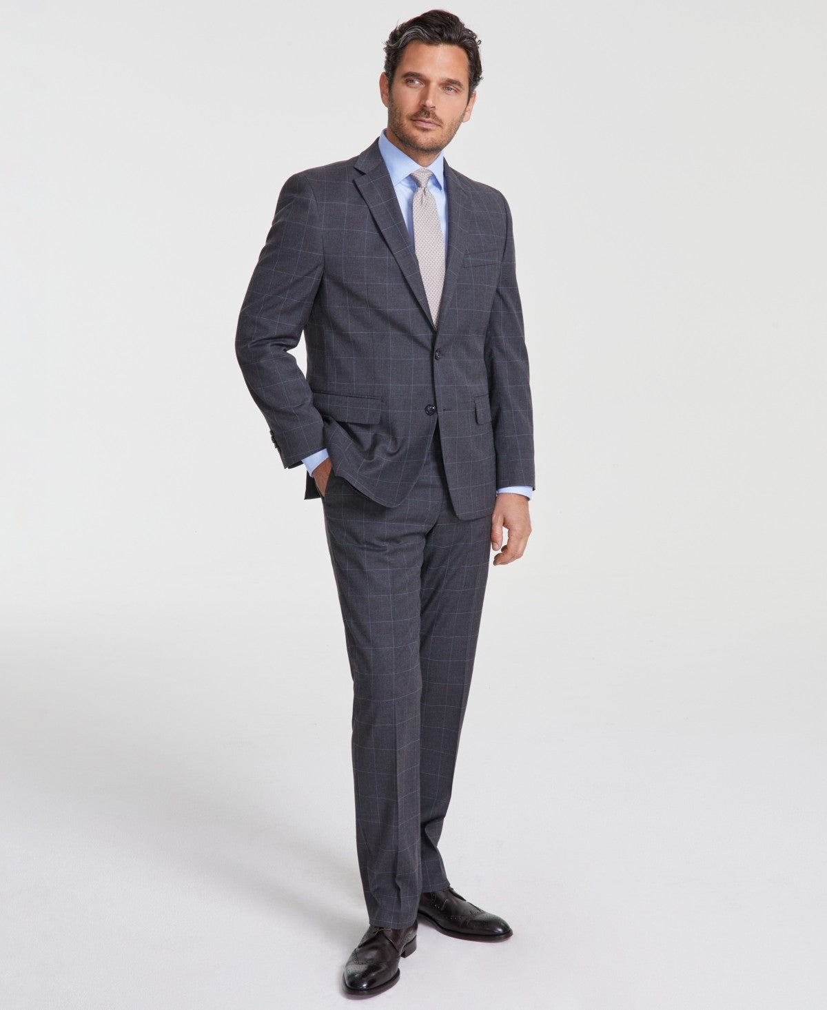 Perry Ellis Mens Modern fit 2 Piece Suit 38 S Pants 31 / 30 Gray Windowpane