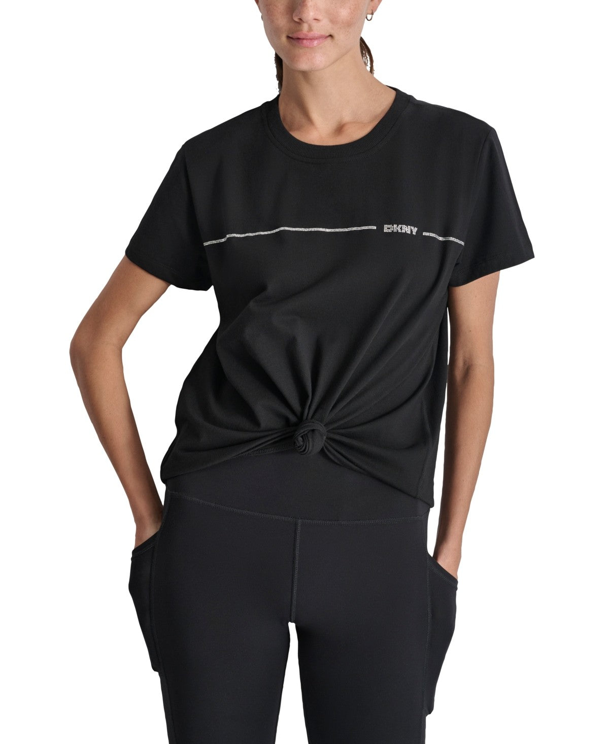 Dkny Womens Regular fit Short Sleeve Rhinestone Logo T-Shirt Shirt Medium Black