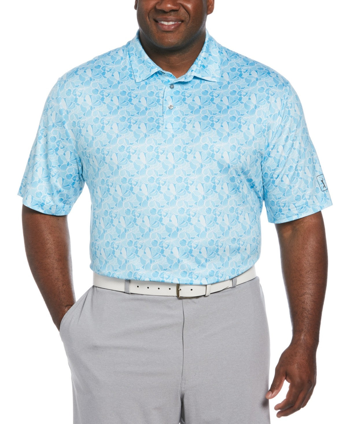 Pga Tour Mens Regular fit Short Sleeve Golf Polo Shirt LT Blue Floral Stretch
