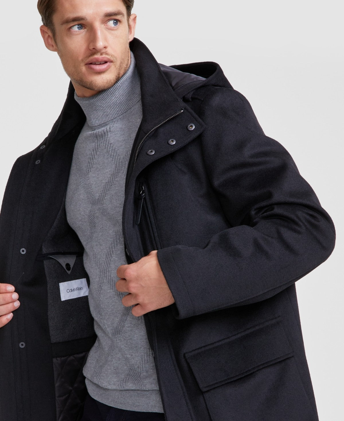 Calvin Klein Mens Regular fit Hooded Wool Overcoat 40 L Black Solid