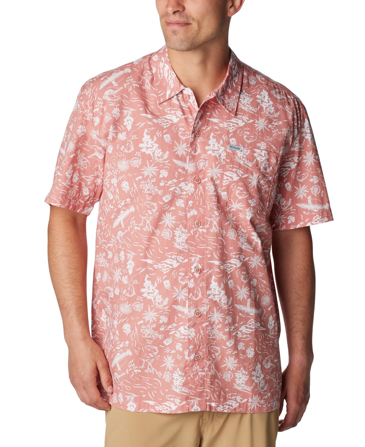 Columbia Men Regular fit Short Sleeve Button-Up Shirt Large Red