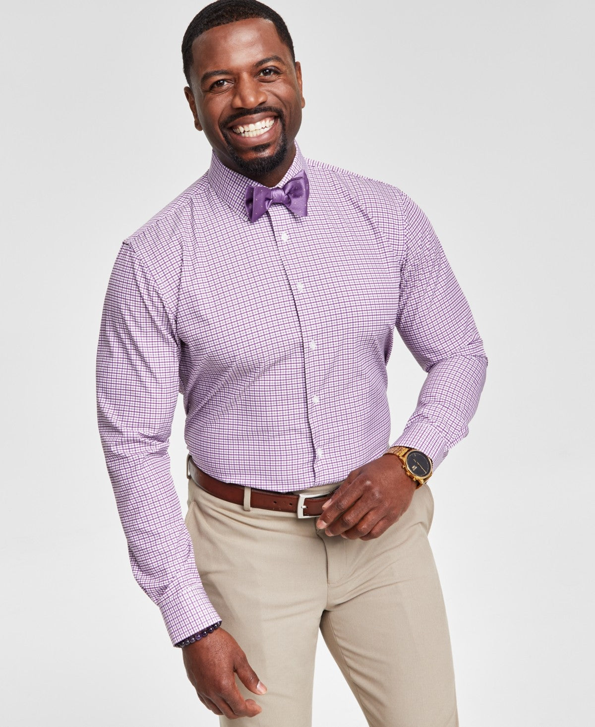 TAYION Mens Regular fit Dress Shirt XL 17-17.5 36-37 Purple White Gold Plaid