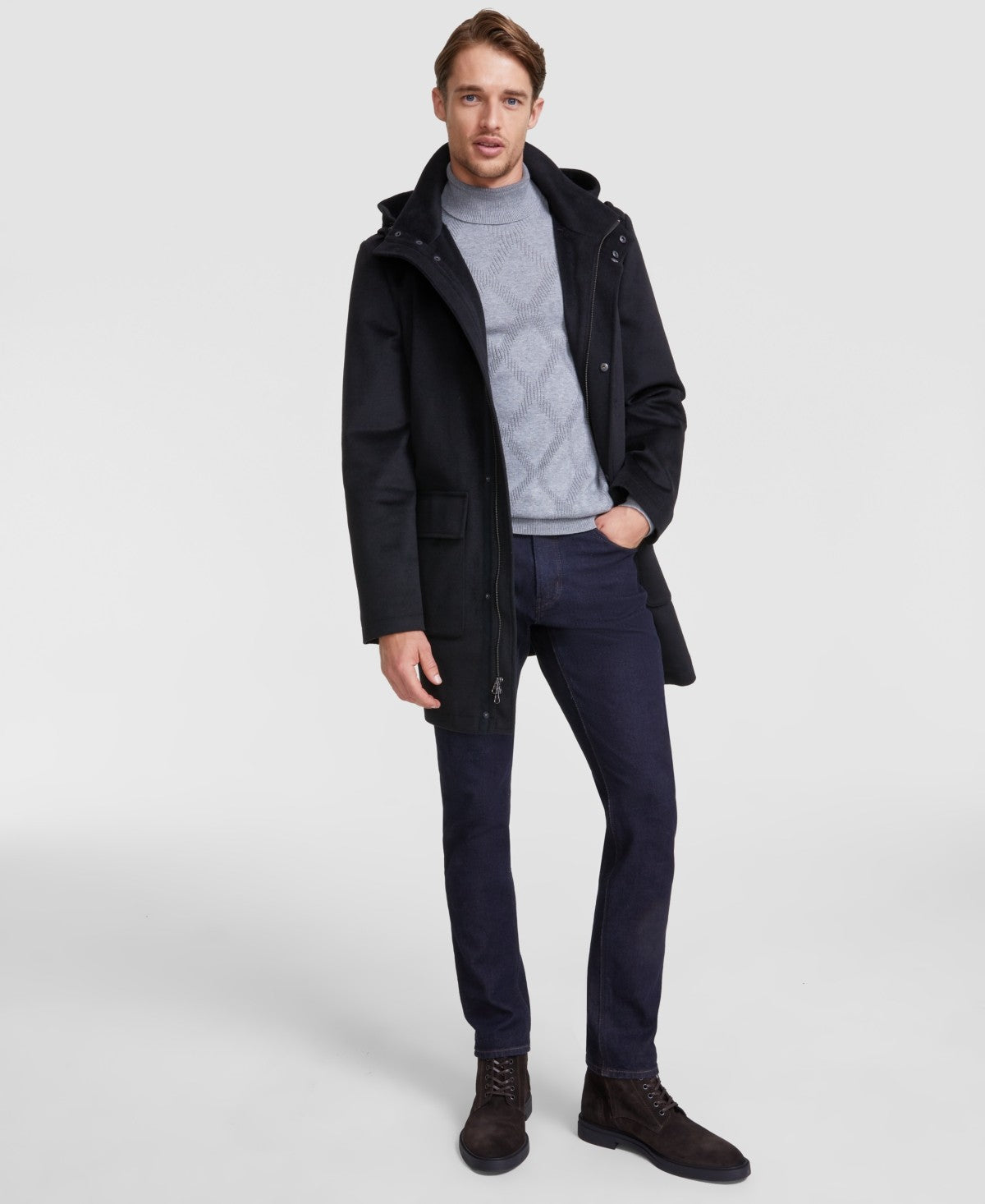Calvin Klein Mens Mayville Black Overcoat Coat 42R Black Wool