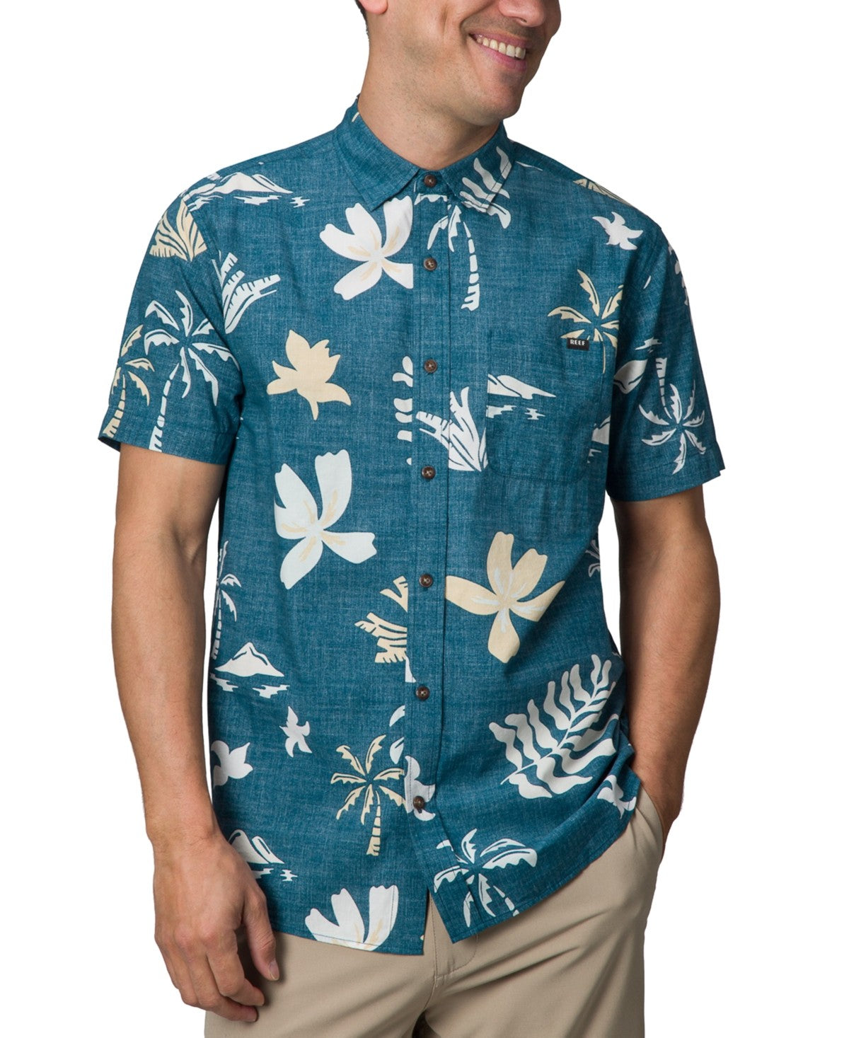 Reef Mens Relaxed fit Short Sleeve Button-Up Shirt XL Blue Floral