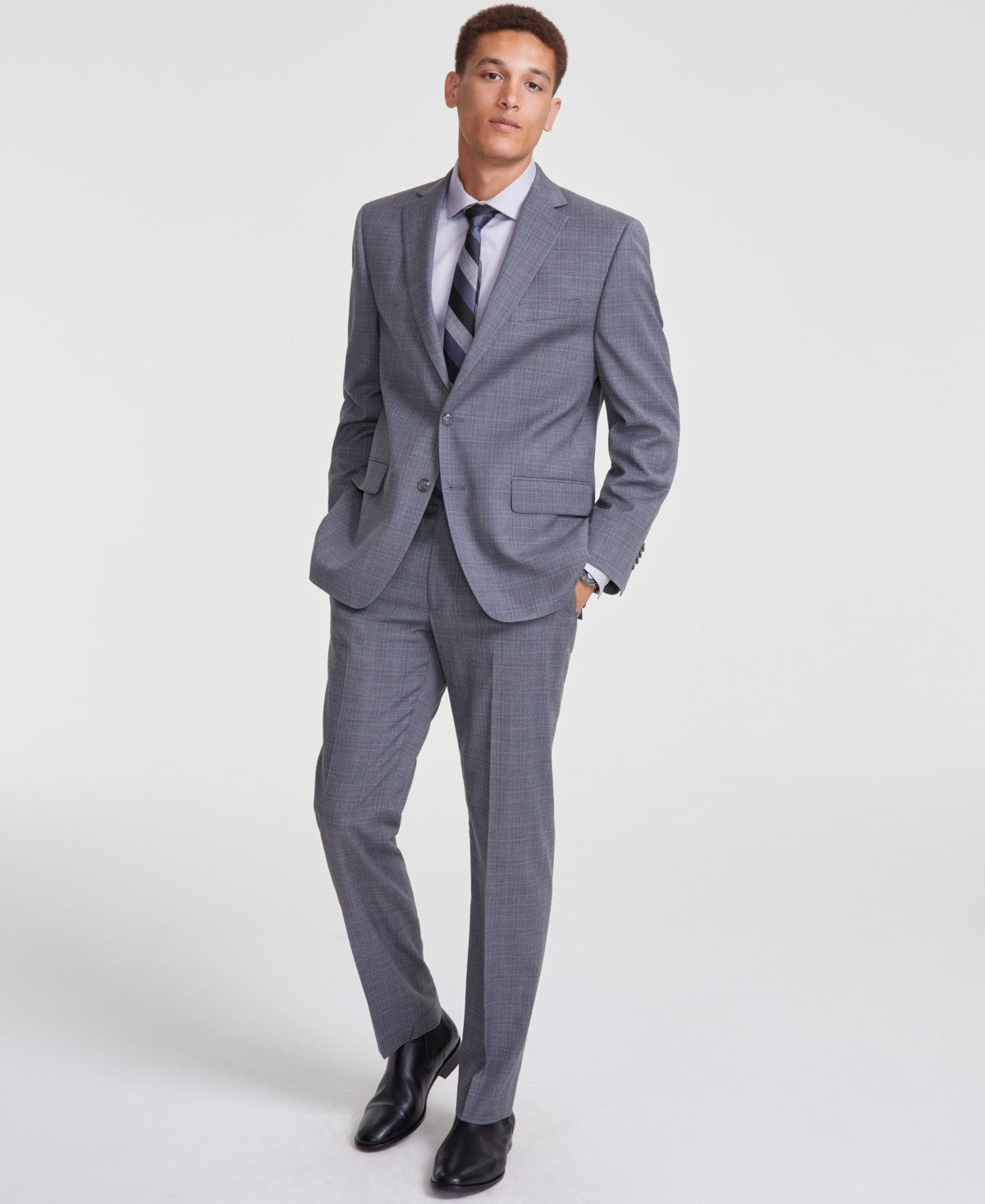Perry Ellis Mens Modern fit 2 Piece Suit 40 S / 33 Waist Grey Plaid Stretch