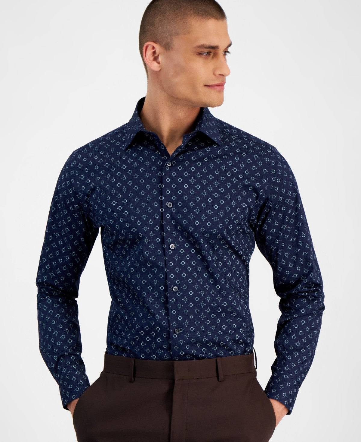 Alfani Mens Slim fit Dress Shirt Small 14-14.5 32-33 Blue Green Geometric