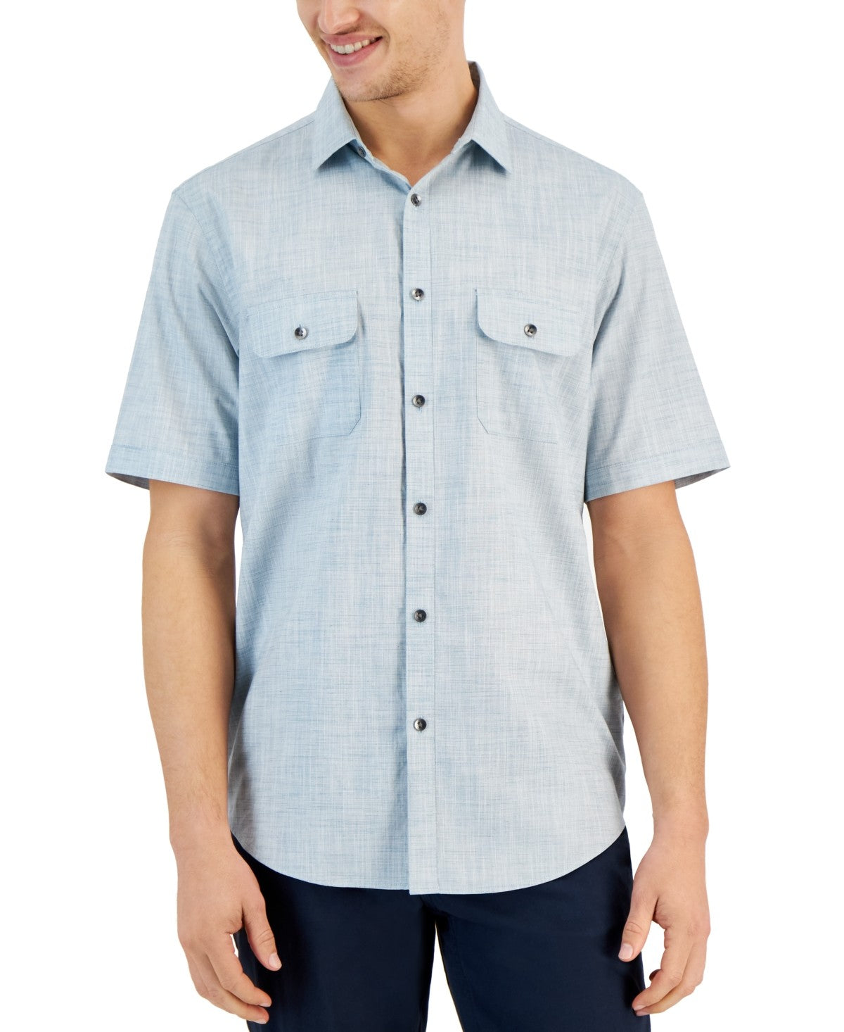 Alfani Mens Regular fit Short Sleeve Button-Up Shirt XL Light Blue Plaid