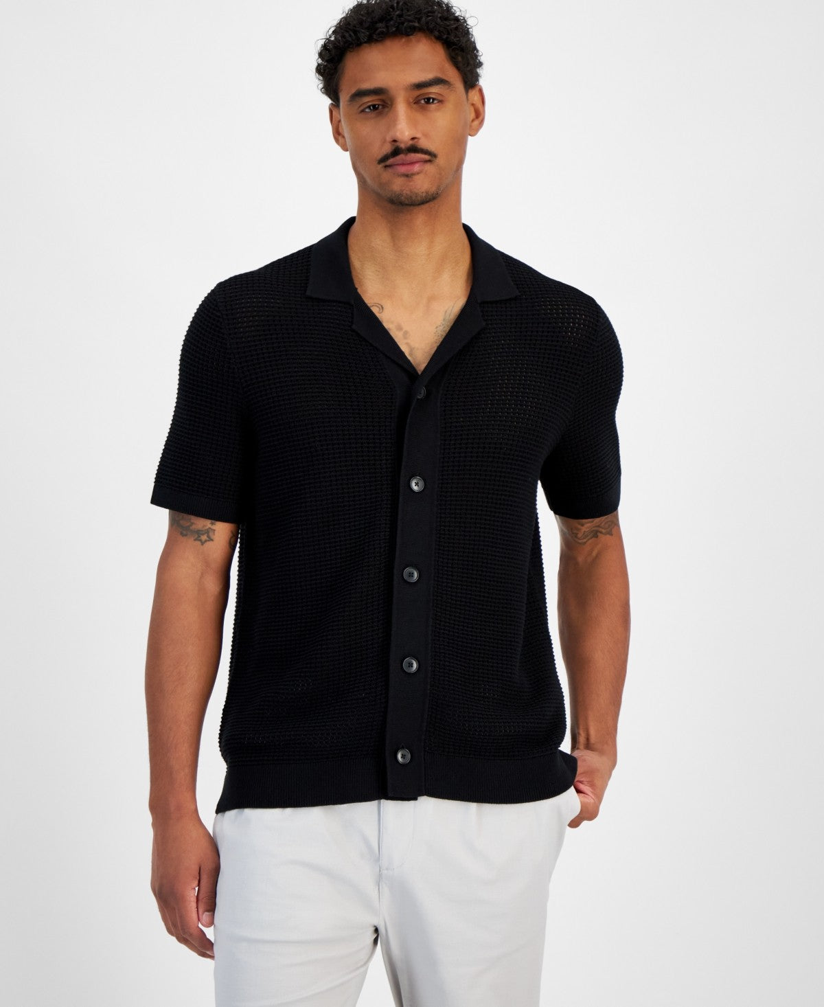 Michael Kors Mens Regular fit Short Sleeve Button-Up Shirt XL Black