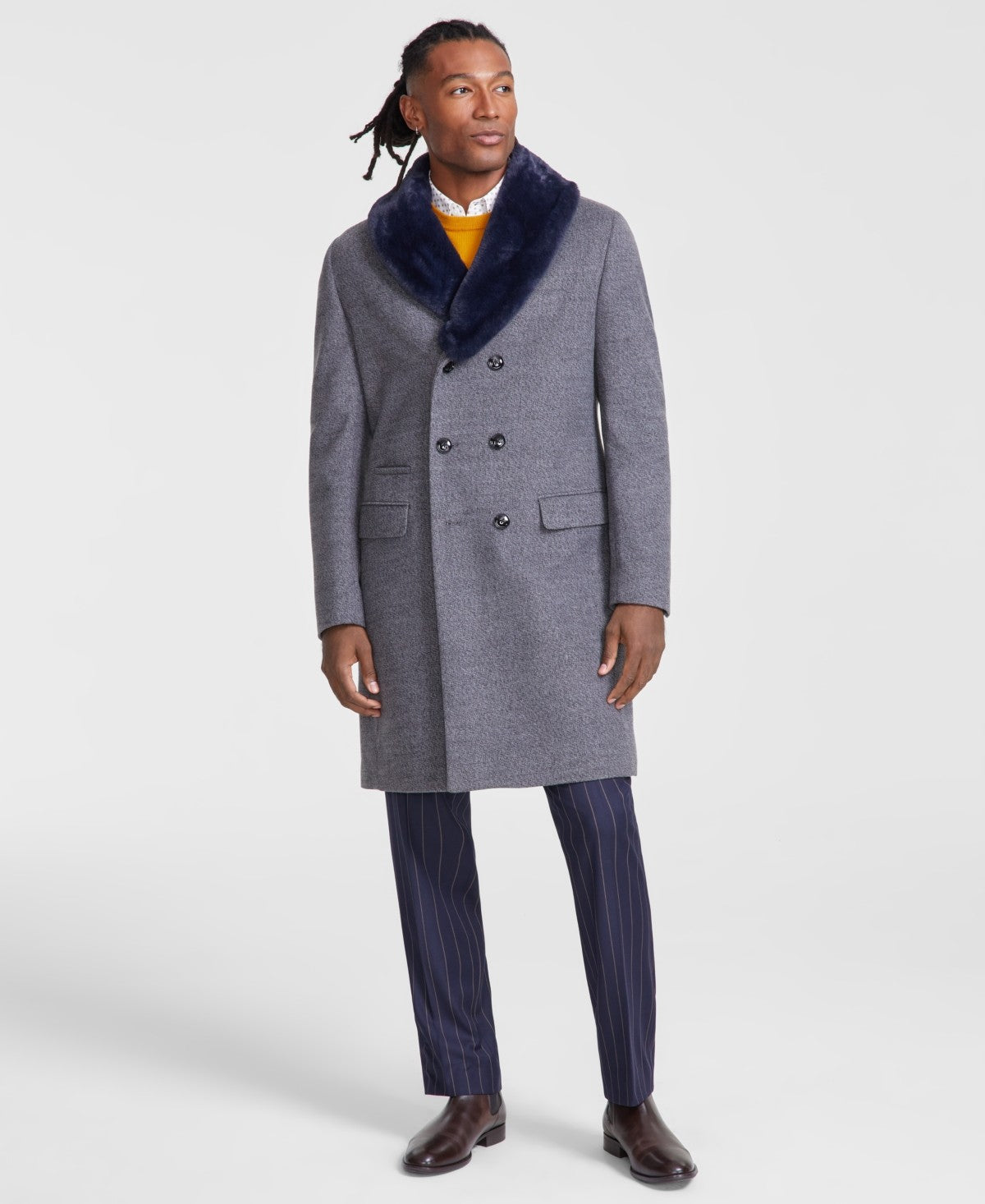 Tayion Collection Mens Classic fit Double Breasted Overcoat Coat 38 R Grey