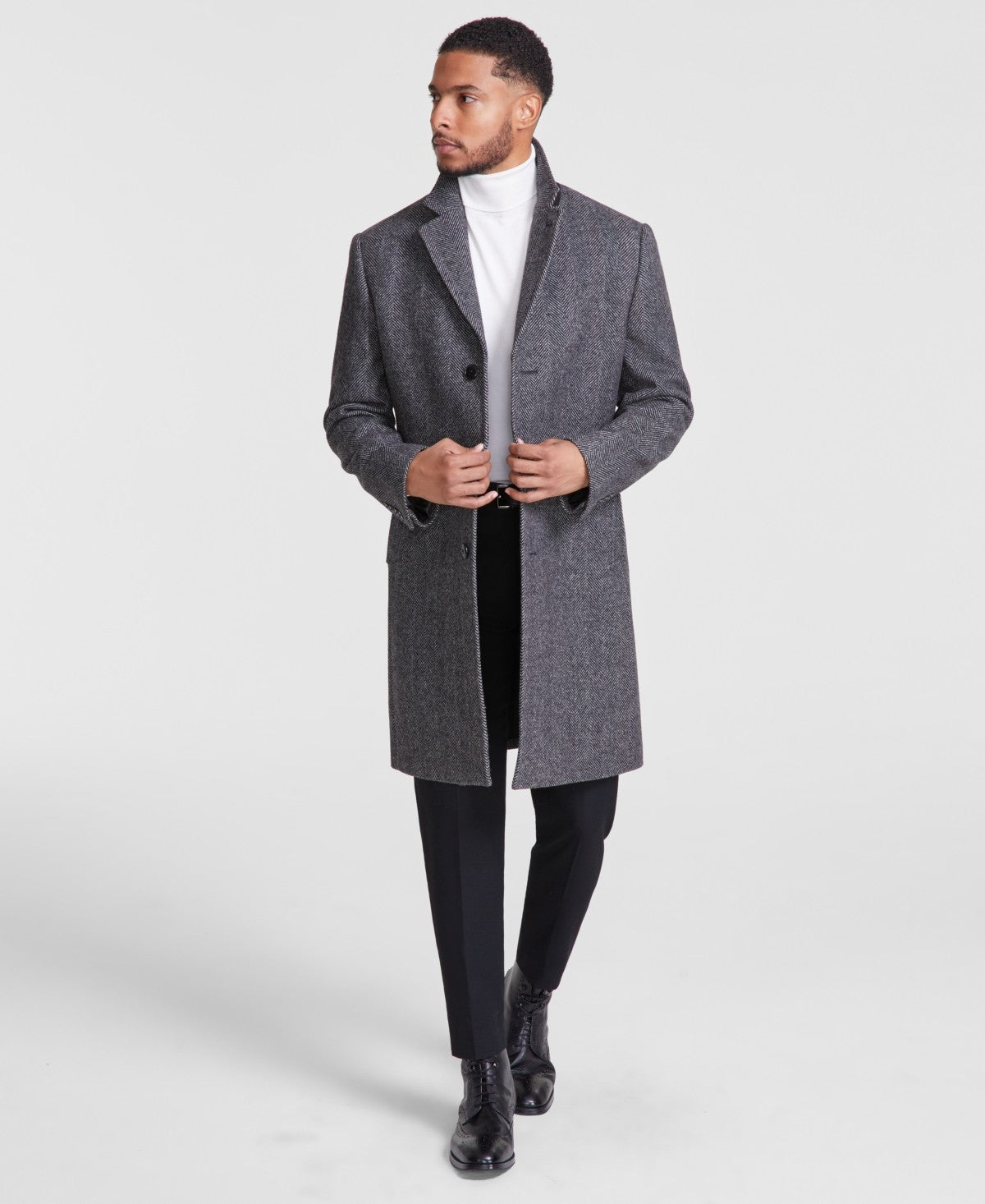 Michael Kors Mens Classic-Fit Wool Blend Overcoat Coat 48 R Black White