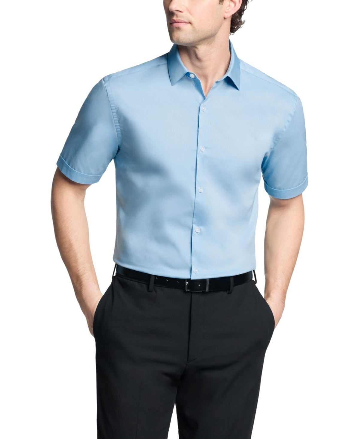 Van Heusen Mens Slim fit Short Sleeve Button-Up Shirt Medium Blue Solid