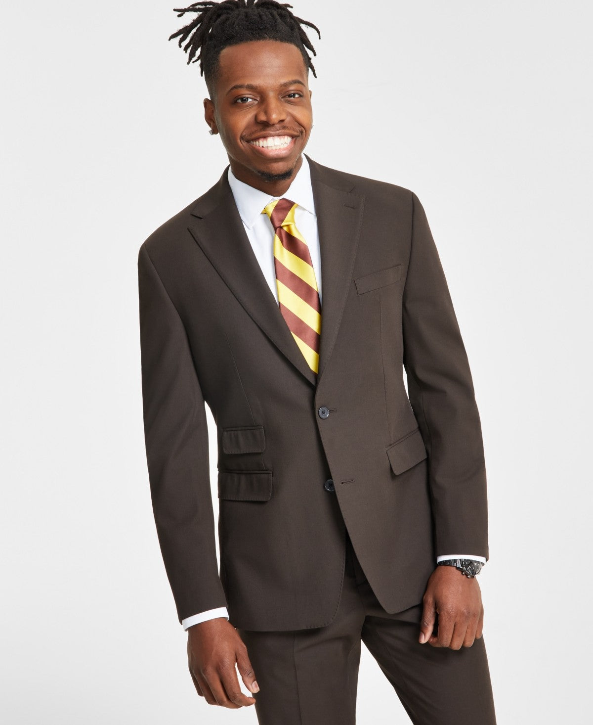 Tayion Mens Classic fit Suit Jacket Blazer 42 R Brown Solid Stretch