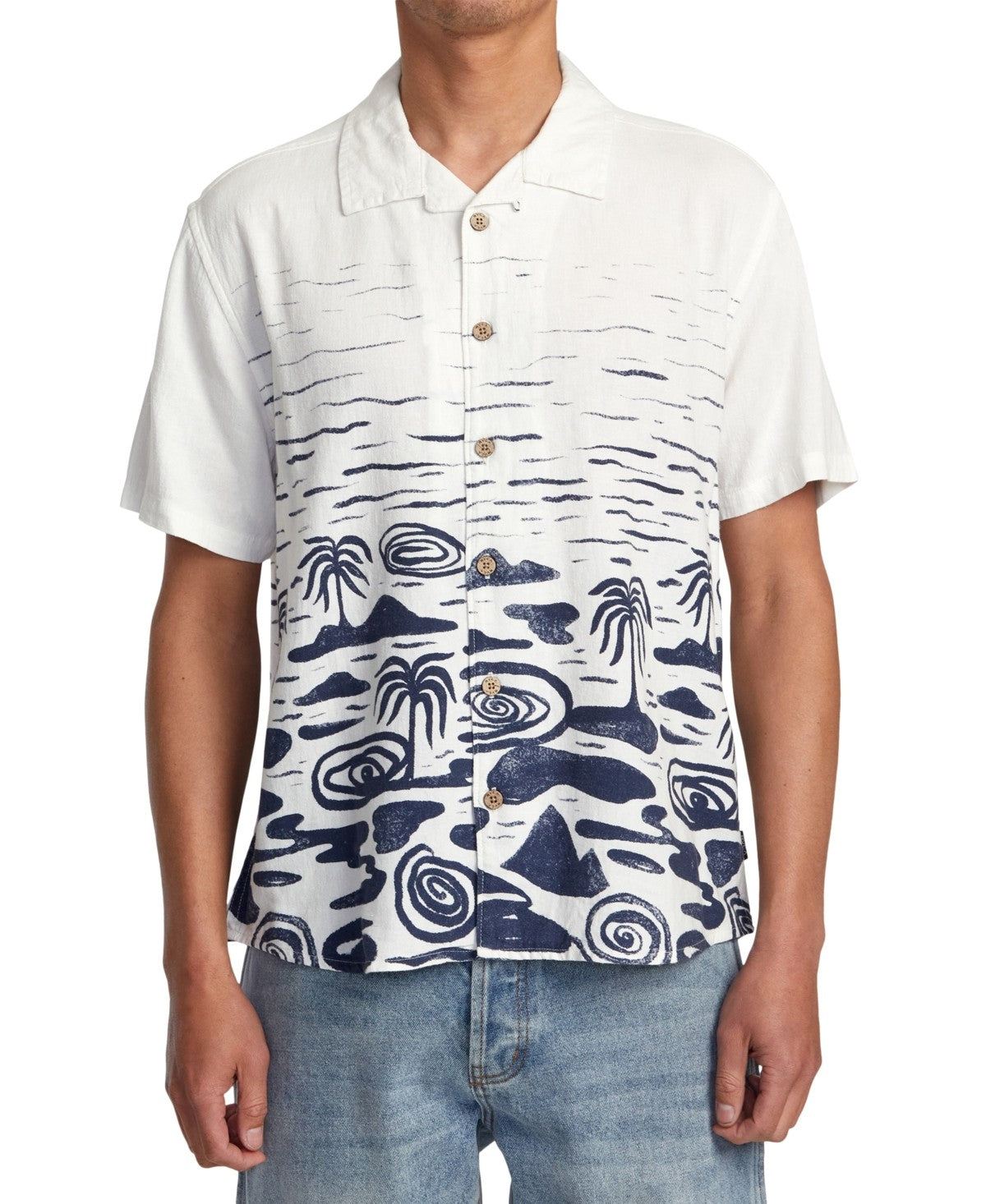 Rvca Mens Regular fit Short Sleeve Button-Up Shirt XXL White Blue Palms