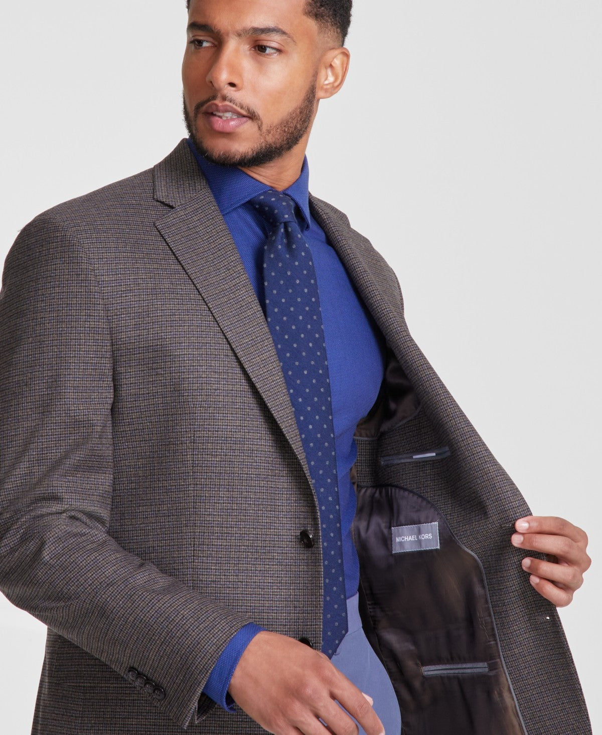 Michael Kors Mens Classic fit Sport Coat Blazer 44 L Brown Blue Plaid Stretch