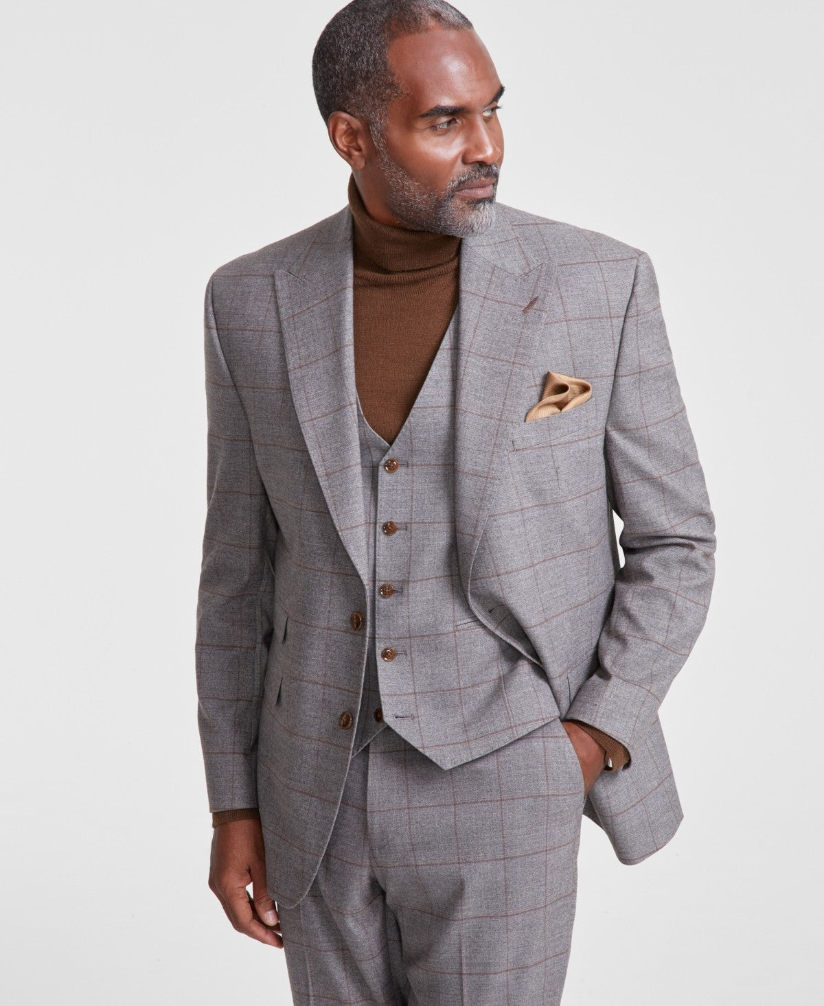 TAYION Mens Classic fit Suit Jacket Blazer 44 S Light Grey Tan Check