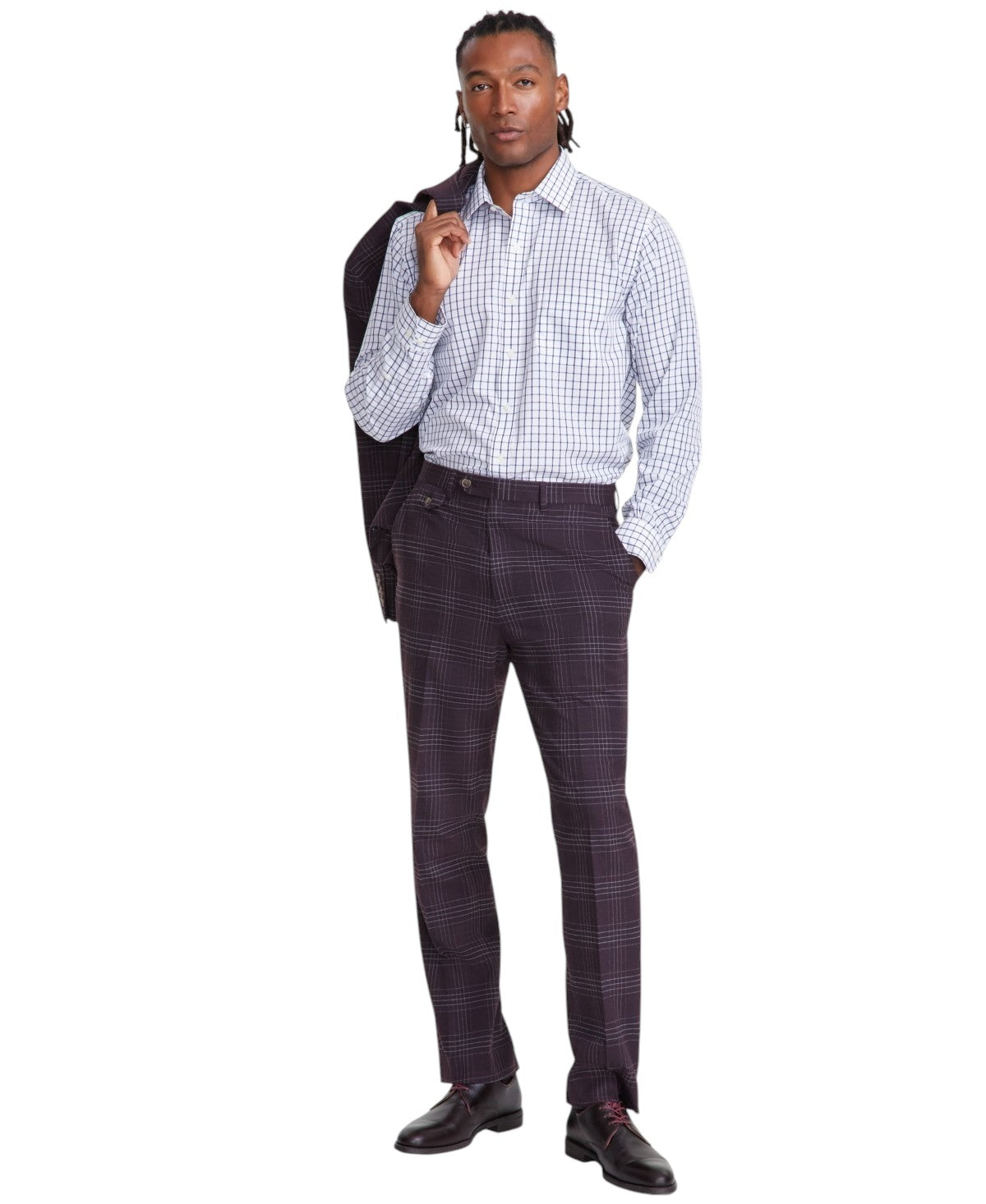 Tayion Mens Classic fit Dress Pants 42 / 30 Burgundy Red Plaid